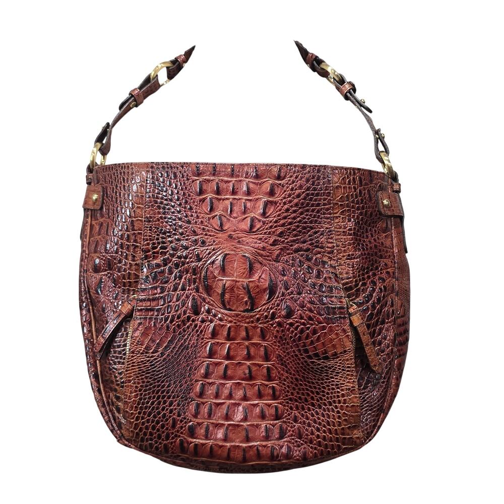 Brahmin Pecan Crocodile Embossed Leather Shoulder Bag Top Zip Gold Hardware